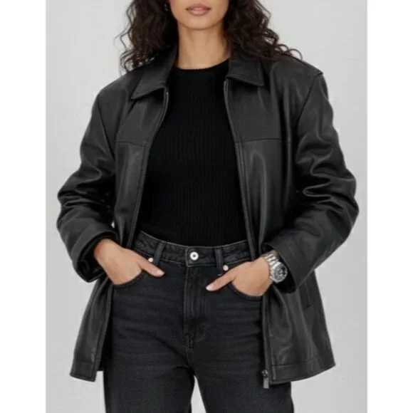 VTG Perry Ellis Portfolio Mens Black Lambskin Leather Jacket | 90s Quiet Luxury - Picture 3 of 16